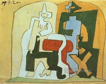 キュービズム Painting - ピエロとアルルカン アルルカンとプルシネッラ 3 世 1920 キュビスム